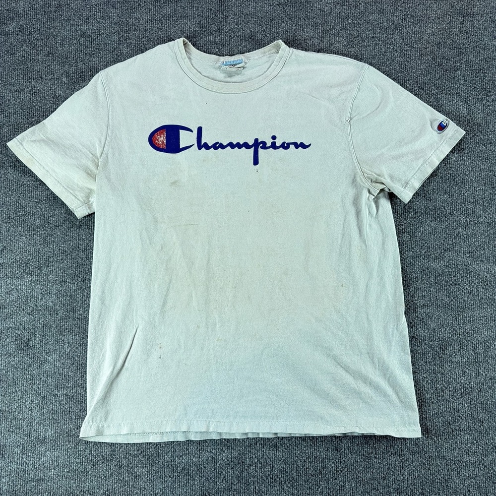 Vintage Champion Mens Logo T-Shirt White Distressed 90's Large Casual Streetwear